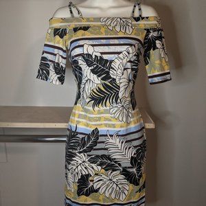 H&M Tropical Monstera Print Bodycon Off the Shoulder Dress